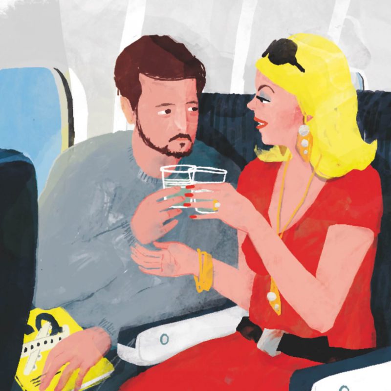 im Flugzeug Illustration von Jennifer Daniel für das GQ Magazin