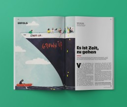 Wenn Startups groß werden ist es Zeit für die Gründer das Schiff zu verlassen – Editorial Illustration für das Magazin Wirtschaftswoche gezeichnet von Jennifer Daniel