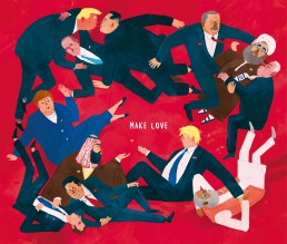 Illustration von Jennifer Daniel Karrikatur von Angela Merkel, Donald Trump, Vladimir Putin, Macron, Boris Johnson,